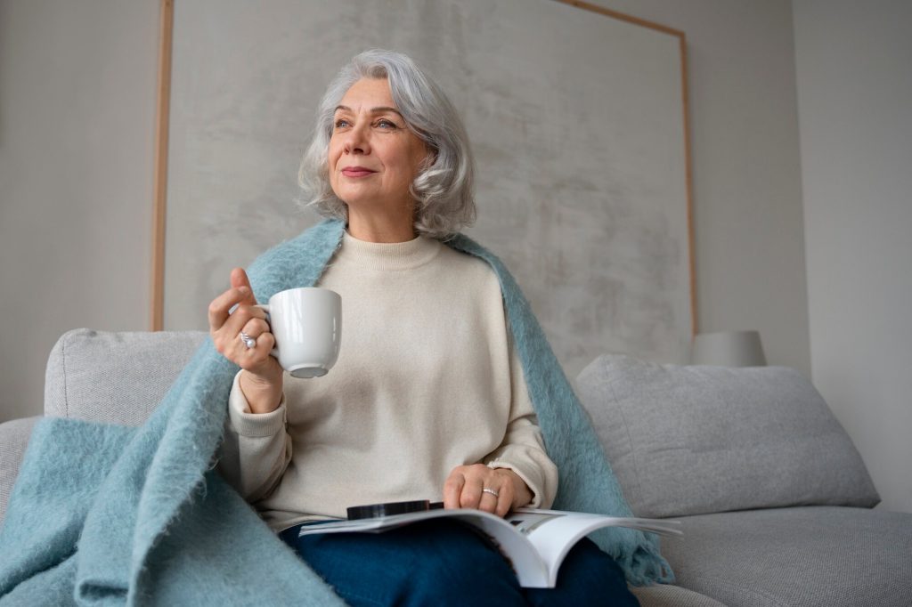 : "A-senior-woman-enjoying-a-cup-of-coffee-while-relaxing-on-a-sofa-wrapped-in-a-soft-blue-blanket-and-looking-at-the-distance.