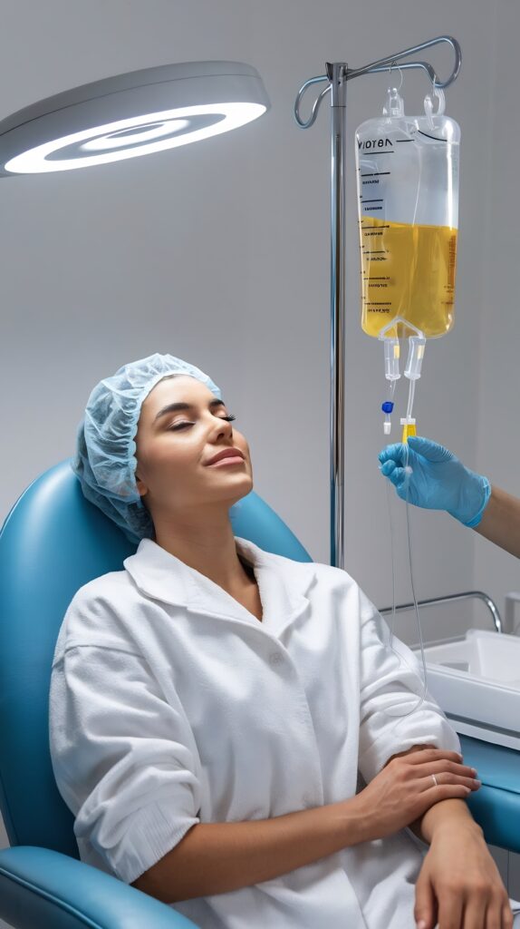 A-woman-receiving-IV-treatment-in-a-clinic-she-is-relaxed-with-her-eyes-closed-sitting-on-a-blue-chair-wearing-a-white-hospital-gown-and-blue-hairnet-An-IV-bag-with-yellow-fluid-is-hanging-next-to-her-a-hand-is-adjusting-the-IV-tube.