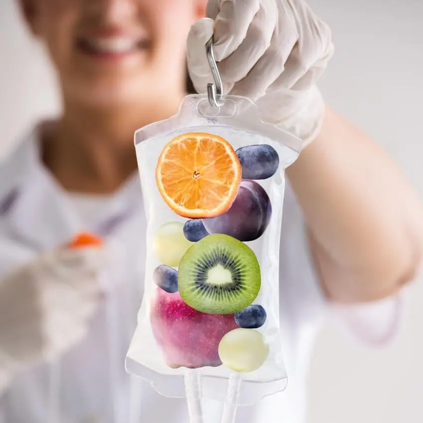 Medical professional holding an IV bag filled with various fruits, including orange, kiwi, apple, and grapes, designed to represent a healthy infusion